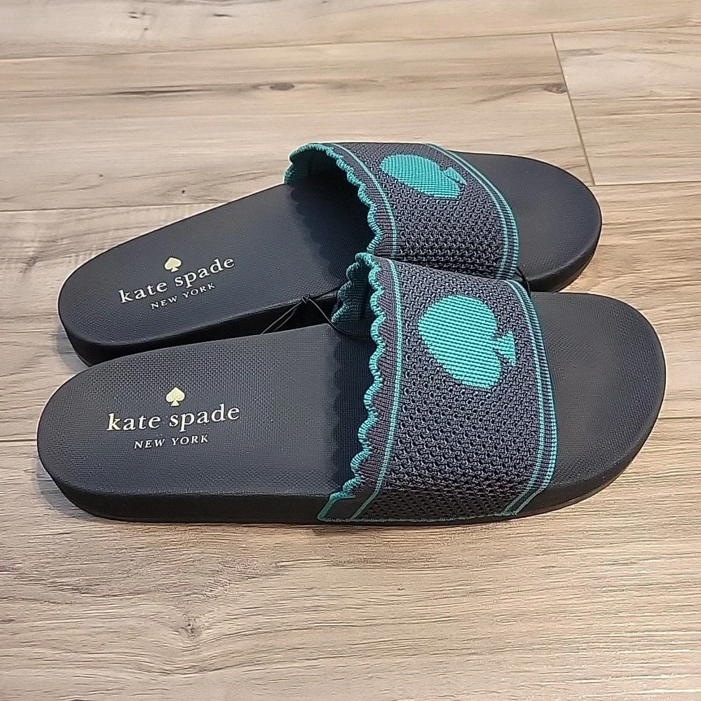 Kate Spade La Jolla Pool Slide Sandals Blue Green Spade Logo Open Toe 11B NEW‎